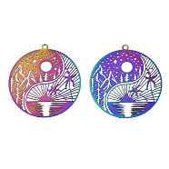 Ion Plating(IP) 201 Stainless Steel Filigree Pendants, Etched Metal Embellishments, Flat Round with Landscape Pattern, Rainbow Color, 32x30x0.3mm, Hole: 1.5mm(STAS-S118-025)