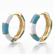 Brass Huggie Hoop Earrings, with Two Tone Enamel, Real 18K Gold Plated, Bamboo Shape, Dark Turquoise, 23x24x6mm, Pin: 1x1.5mm(EJEW-S209-08C)