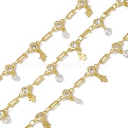 Brass Rectangle & Cubic Zirconia Flat Round Link Chains, with Hamsa Hand Charms, with Spool, Soldered, Long-Lasting Plated, Cadmium Free & Nickel Free & Lead Free, Real 18K Gold Plated, 8.5x6.5x2mm and 6x2x0.5mm(CHC-P010-03G)
