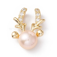 Natural Cultured Freshwater Pearl Pendants, with Brass Micro Pave Cubic Zirconia Findings, Golden, Deer, Misty Rose, 18.5x13x8mm, Hole: 4x2mm(KK-D084-10G-01)