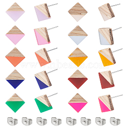 Transparent Resin & Wood Stud Earrings, with 304 Stainless Steel Pin and 201 Stainless Steel Ear Nuts, Rhombus, Mixed Color, 17x18mm, Pin: 0.7mm, 10 colors, 1pair/color, 10pairs/box(EJEW-FH0001-04)
