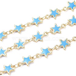 Handmade Alloy Enamel Star Link Chains, with Spool, Soldered, Long-Lasting Plated, Lead Free & Cadmium Free, Golden, Deep Sky Blue, 11x8x1.6mm, about 16.4 Feet(5m)/roll(ENAM-F138-01B-RS)
