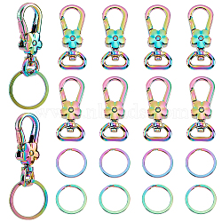 Elite 10Pcs Flower Zinc Alloy Swivel Clasps, with 10Pcs Ion Plating(IP) 304 Stainless Steel Split Key Rings, Rainbow Color, Clasps: 44x17.5x8mm, Hole: 3x13mm; Key Rings: 25x2mm(FIND-PH0009-02)
