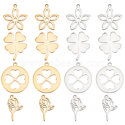 64Pcs 8 Style 304 Stainless Steel Pendants, Laser Cut, Flower & Rose & Clover, Golden & Stainless Steel Color, 16~18x9~15.5x1mm, Hole: 1~1.2mm, 8pcs/style(STAS-DC0009-74)