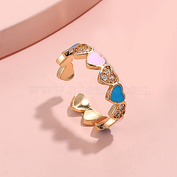 Heart Brass Micro Pave Clear Cubic Zirconia Enamel Cuff Rings for Women, Golden, Deep Sky Blue, Inner Diameter: 18mm(FS-WGCCE82-03)