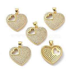 Brass Cubic Zirconia Pendants, Long-Lasting Plated, Lead Free & Cadmium Free, Real 18K Gold Plated, Heart, Clear, 20.5x21x3.5mm, Hole: 3.5x4mm(X-KK-B047-14G)