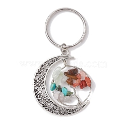 Gemstone Keychain, with 304 Stainless Steel Keychain Clasp and Tibetan Style Alloy  2-Loop Link Pendants, Moon & Tree of Life, Antique Silver & Stainless Steel Color, 6.65cm(KEYC-JKC00758)