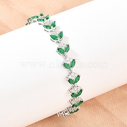 Platinum Tone Brass Micro Pave Cubic Zirconia Tennis Bracelets, Link Bracelets for Women, Leaf, with Glass & Watch Band Clasps, Long-Lasting Plated, Green, 8-3/4x3/8 inch(22.3x1cm)(BJEW-B160-09P)