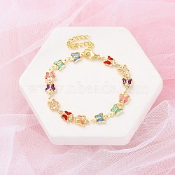 Butterfly Brass Link Bracelets for Woman, with Enamel & Glass, 304 Stainless Steel Lobster Claw Clasps, Golden, 6-3/4 inch(17.2cm)(BJEW-S157-03G)