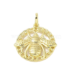 Brass Pendants, Flat Round with Bee, Real 18K Gold Plated, 31x30x3.7mm, Hole: 8x5mm(KK-E111-02G)