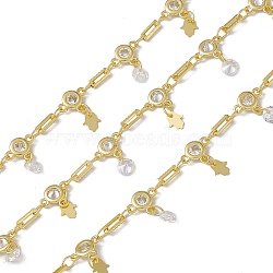 Brass Rectangle & Cubic Zirconia Flat Round Link Chains, with Hamsa Hand Charms, with Spool, Soldered, Long-Lasting Plated, Cadmium Free & Nickel Free & Lead Free, Real 18K Gold Plated, 8.5x6.5x2mm and 6x2x0.5mm(CHC-P010-03G)
