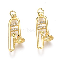 Brass Micro Pave Clear Cubic Zirconia Pendants, Long-Lasting Plated, With Jump Rings, Musical Instrument, Real 18K Gold Plated, 22.5x9x6mm, Hole: 2mm, Jump Ring: 4x0.5(ZIRC-Z008-37G)