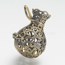 Brass Cage Pendants, For Chime Ball Pendant Necklaces Making, Money Bags, Antique Bronze, 32.5x25x22mm, Hole: 5x8mm, inner size: 20x23mm(X-KK-D528-01AB)