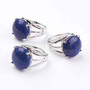 Adjustable Natural Lapis Lazuli Finger Rings, with Brass Findings, US Size 7 1/4(17.5mm), gemstone: 16mm