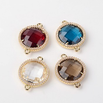 Faceted Flat Round Brass Glass Links connectors, with Cubic Zirconia, Glass Random Mixed Color, Golden, 23x18x6mm, Hole: 1.5mm