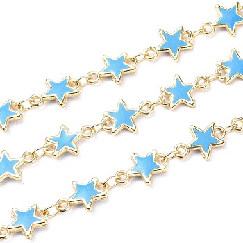 Handmade Alloy Enamel Star Link Chains, with Spool, Soldered, Long-Lasting Plated, Lead Free & Cadmium Free, Golden, Deep Sky Blue, 11x8x1.6mm, about 16.4 Feet(5m)/roll