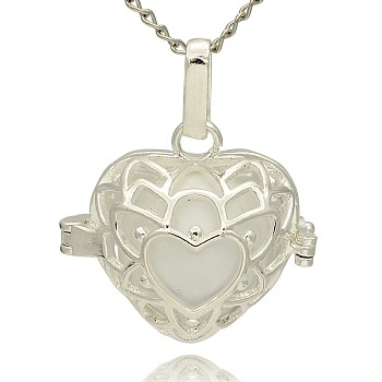 Silver Color Plated Brass Hollow Heart Cage Pendants, with No Hole Spray Painted Brass Round Beads, White, 24x26x18mm, Hole: 3x8mm