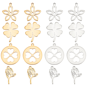 64Pcs 8 Style 304 Stainless Steel Pendants, Laser Cut, Flower & Rose & Clover, Golden & Stainless Steel Color, 16~18x9~15.5x1mm, Hole: 1~1.2mm, 8pcs/style