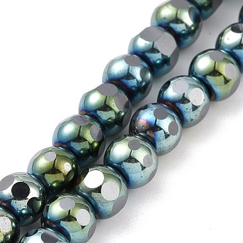 Electroplated Non-magnetic Synthetic Hematite Beads Strands, Faceted, Round, Green Plated, 6~6.5x5~5.5mm, Hole: 1.4mm, about 73pcs/strand, 15.59~15.75 inch(39.6~40cm)