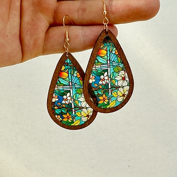 Acrylic Teardrop Dangle Earrings, Flower, 82mm