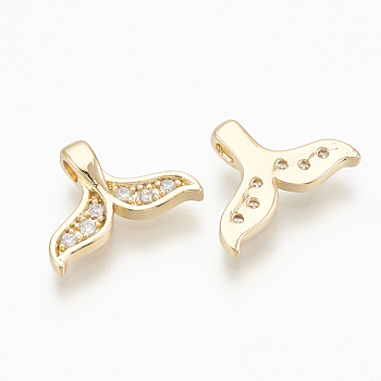 Brass Micro Pave Cubic Zirconia Charms, Whale Tail Shape, Nickel Free, Real 18K Gold Plated, 8x11.5x1.5mm, Hole: 1mm