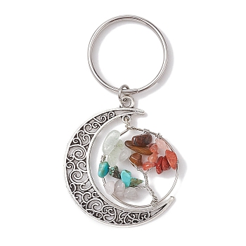 Gemstone Keychain, with 304 Stainless Steel Keychain Clasp and Tibetan Style Alloy  2-Loop Link Pendants, Moon & Tree of Life, Antique Silver & Stainless Steel Color, 6.65cm