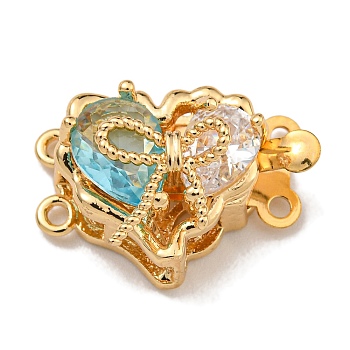 Brass Micro Pave Cubic Zirconia Box Clasps, Heart, Real 18K Gold Plated, 2-Strand, 4-Hole, Sky Blue, 12.5x18x9mm, Hole: 1.2mm