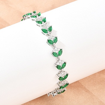 Platinum Tone Brass Micro Pave Cubic Zirconia Tennis Bracelets, Link Bracelets for Women, Leaf, with Glass & Watch Band Clasps, Long-Lasting Plated, Green, 8-3/4x3/8 inch(22.3x1cm)