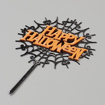 Acrylic Spider Web & Halloween Word Cake Insert Card Decoration, for Halloween Cake Decoration, Orange, 140x90x1mm