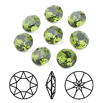 Pointed Back & Back Plated K9 Glass Rhinestone Cabochons, Grade A, Faceted, Flat Round, Olivine, 8x4.5mm