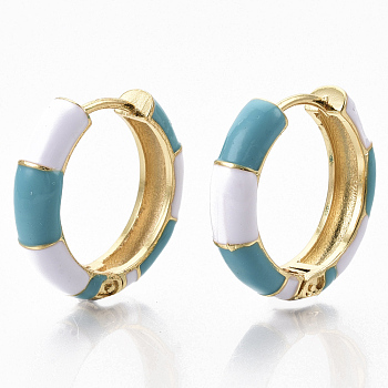 Brass Huggie Hoop Earrings, with Two Tone Enamel, Real 18K Gold Plated, Bamboo Shape, Dark Turquoise, 23x24x6mm, Pin: 1x1.5mm
