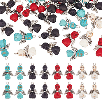 60Pcs 4 Colors Halloween Dyed Synthetic Turquoise Pendants, Skull Angel Charm, with CCB Plastic Wings and Platinum Tone Iron Loops, Mixed Color, 29x20x9mm, Hole: 2.5mm, 15pcs/color