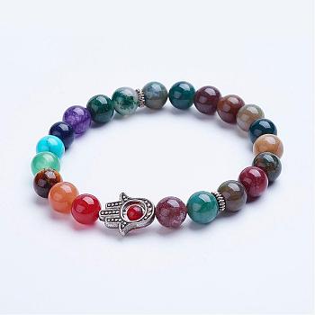 Natural Indian Agate Beaded Stretch Bracelets, with Alloy Spacer Beads, Hamsa Hand/Hand of Fatima/Hand of Miriam, 1-3/4 inch(45mm)