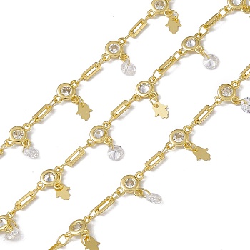 Brass Rectangle & Cubic Zirconia Flat Round Link Chains, with Hamsa Hand Charms, with Spool, Soldered, Long-Lasting Plated, Cadmium Free & Nickel Free & Lead Free, Real 18K Gold Plated, 8.5x6.5x2mm and 6x2x0.5mm