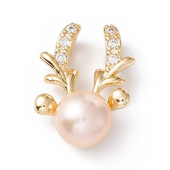 Natural Cultured Freshwater Pearl Pendants, with Brass Micro Pave Cubic Zirconia Findings, Golden, Deer, Misty Rose, 18.5x13x8mm, Hole: 4x2mm