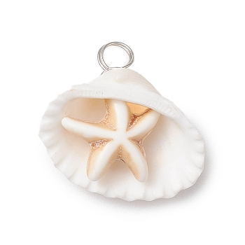 Summer Beach Natural Shell Pendants, Dyed Synthetical Turquoise Star Charms, Platinum, White, 25~30x27~35x12~15mm, Hole: 4~4.5mm