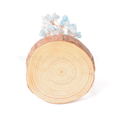 Copeaux d'aigue-marine naturelle avec arbre d'argent en fil de laiton enveloppé sur des décorations d'affichage de base en bois(DJEW-B007-05C)-3