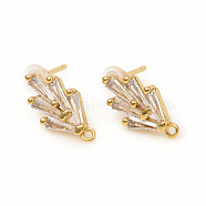 Brass Stud Earring Findings, with Loops, Clear Cubic Zirconia and Ear Nuts, Grass, Golden, 14.2x7.5mm, Hole: 1mm, Pin: 0.8mm(ZIRC-L096-16G)