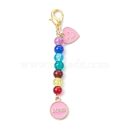 Mother's Day Flat Round with Word Mom & Heart Alloy Enamel Pendant Decorations, Glass Beads and Lobster Claw Clasps Charm, Pink, 76mm(HJEW-JM01510-02)