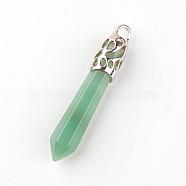 Natural Aventurine Big Pendants, with Alloy Findings, Platinum, 60~70x11x11mm, Hole: 4mm(G-R278-101)