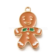 Christmas Theme Alloy Enamel Pendants, Gingerbread Man Charm, Light Gold, 25x16x2mm, Hole: 1.6mm(ENAM-Q509-02KCG-04)