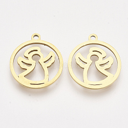 201 Stainless Steel Pendants, Laser Cut Pendants, Flat Round with Angel, Golden, 17x15x1mm, Hole: 1.4mm(STAS-T044-141G)