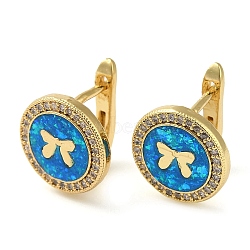 Rack Plating Brass Micro Pave Cubic Zirconia Hoop Earrings, with Synthetic Opal, Cadmium Free & Lead Free, Long-Lasting Plated, Real 18K Gold Plated, Flat Round, Butterfly, 12mm(EJEW-P277-06G)