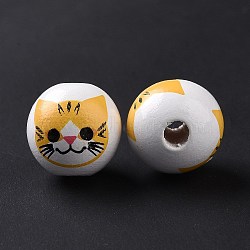 Printed Wood European Beads, Large Hole Beads, Round with Cat Pattern, Gold, 15.5~16x14.5~15mm, Hole: 4.6mm(WOOD-B005-01A)