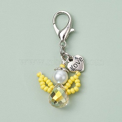 Angel Glass Seed Beads Pendant Decorations, Lobster Clasp Charm for Bag Ornaments, Yellow, 40mm(HJEW-MZ00109-02)