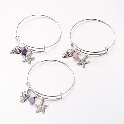 Adjustable Iron Charm Bangles, with Gemstone Round Beads and Alloy Pendants, Starfish/Sea Stars & Whelk, 67mm(BJEW-JB02396)