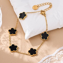 Flower Resin Link Chain Bracelets, Golden Tone 304 Stainless Steel Cable Chain Bracelets for Women, Black, 6-1/4~6-3/8 inch(15.9~16.3cm)(BJEW-K247-01G-03)