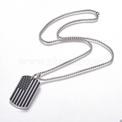 304 Stainless Steel Pendant Necklaces, with Enamel, Rectangle with America Flag, Stainless Steel Color, 23.8 inch(60.5cm), Pendant: 59x29x3mm(NJEW-F264-01P)