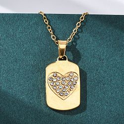 201 Stainless Steel Crystal Rhinestone Pendant Necklaces for Women, Golden, Rectangle with Heart, 16.02 inch(40.7cm)(NJEW-F335-01G-02)