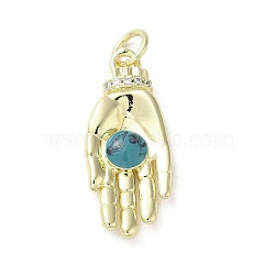Brass Micro Pave Cubic Zirconia Pendants, with Enamel, with Jump Ring, Real 18K Gold Plated, Palm, Turquoise, 26.5x11x4.5mm, Hole: 3.8mm(KK-E092-32G)